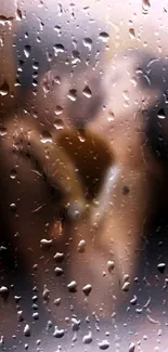 Blurred romantic couple behind raindrop window wallpaper.