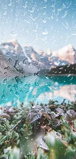 Raindrops on glass with scenic mountain and lake view.