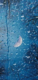 Moonlit raindrops on window with a night sky view.