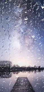 Raindrops on a serene lake under a starry night sky.