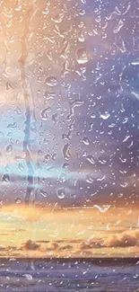 Raindrops on window with ocean sunset view, perfect for calming wallpaper.