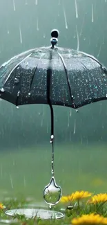 Black umbrella with raindrops in nature.