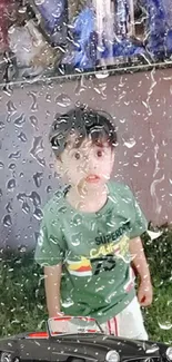 Child seen through rain-specked glass with a vintage car detail.