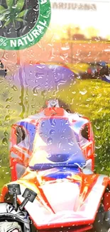 Artistic wallpaper featuring a red toy car with raindrops on a sunlit background.