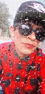 Person wearing sunglasses, red plaid shirt, with raindrop overlay.