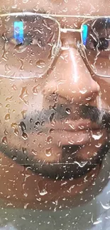 Portrait art with raindrop reflections and glasses on beige background.