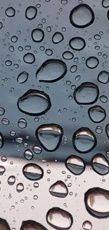 Wallpaper with raindrops on glass reflecting a serene blue-gray background.