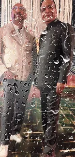 Raindrop reflection wallpaper with colorful background and two figures.