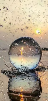 Reflective raindrop at sunset with serene ambiance.