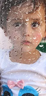 Child looking through raindrop-covered glass, thoughtful expression.