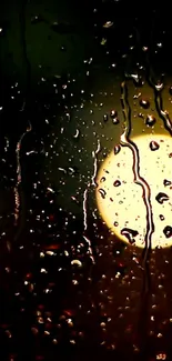 Raindrops on window with soft golden light background.