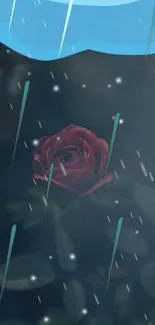 Mobile wallpaper with a red rose and raindrops on a dark background.