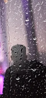 Silhouette in rain with city lights background as phone wallpaper.