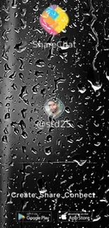 Raindrop design wallpaper with app icons and a reflective glass appearance.