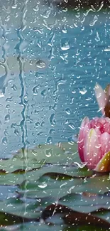 Water lily with raindrops on glass, serene and elegant.