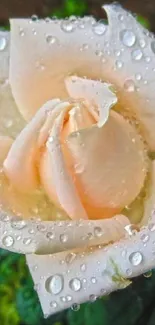 Elegant white rose with dew droplets on petals.