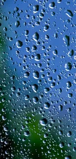 Raindrops on a window with blurred blue and green nature view.