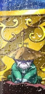 Anime art of a monk in green with raindrop effects and golden backdrop.