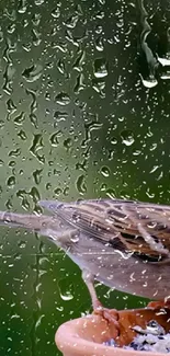 Sparrow seen through rainy glass on green backdrop.