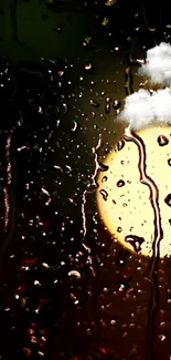 Raindrops on glass with clouds and yellow glow at night.