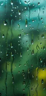 Close-up of raindrops on a green window pane.