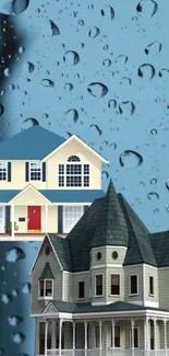 Illustrated houses with raindrop background for mobile wallpaper.