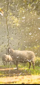 Raindrops on a peaceful scene with sheep in a sunlit pasture.