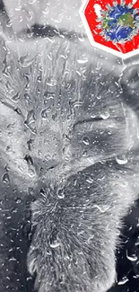 Gray cat sleeping behind raindrops on a window with a colorful corner detail.