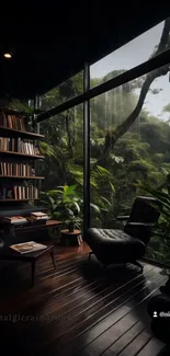 Cozy library view with rainforest backdrop and dark accents