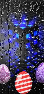 Abstract digital wallpaper with raindrops and vibrant blue lights.