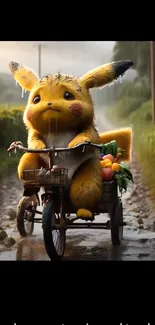 Pikachu on a cart in the rain, carrying fruits.