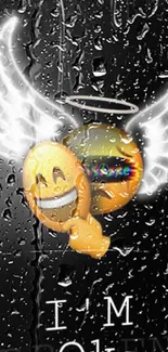 Angelic emoji with wings in rain on black background wallpaper.