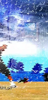 Anime beach scene with raindrops effect on mobile wallpaper.