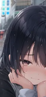 Anime girl in rain, cityscape background.