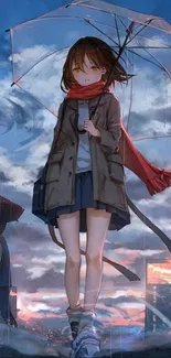 Anime girl holding an umbrella in a rainy cityscape with a vivid sunset.