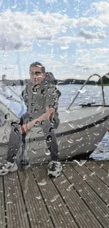 Raindrops on glass with a boat dock scene in the background.