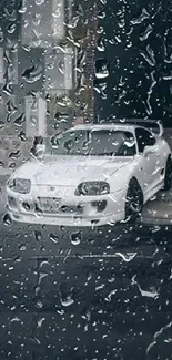 Sleek white car with raindrops on window, urban setting.