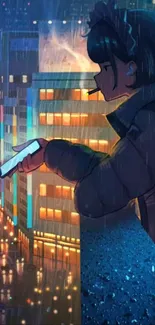 Anime character overlooking city in rain with neon lights.