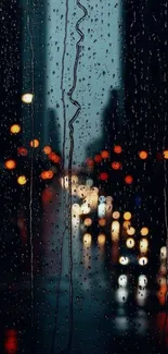 Rain-covered window with city lights bokeh in the background, capturing a moody scene.