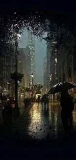 Moody rainy cityscape at night with silhouettes and illuminated buildings.