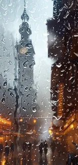 Rain-soaked window with cityscape and clock tower at night.