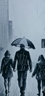 Three people walking in rain under an umbrella on a city street.