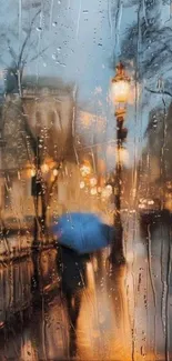 Blurry rainy city scene with streetlights and a person holding an umbrella.