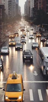 Rainy city street with a bustling traffic scene.