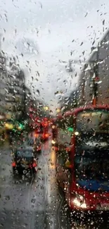 Rainy urban street with red bus and city lights.