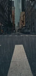 Rainy city street with skyscrapers and a colorful umbrella.