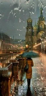 Rainy cityscape with woman under umbrella at night.