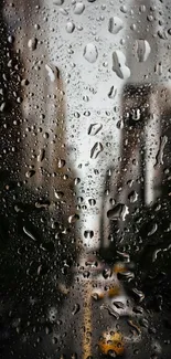 Raindrops on window with blurred city view, perfect for mobile wallpaper.