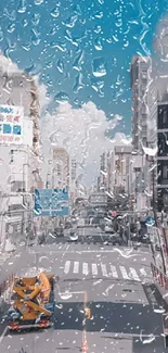 Rainy city street with vibrant sky viewed through glass with raindrops.