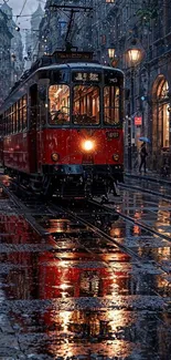 Red tram on rainy city street reflecting urban night lights.